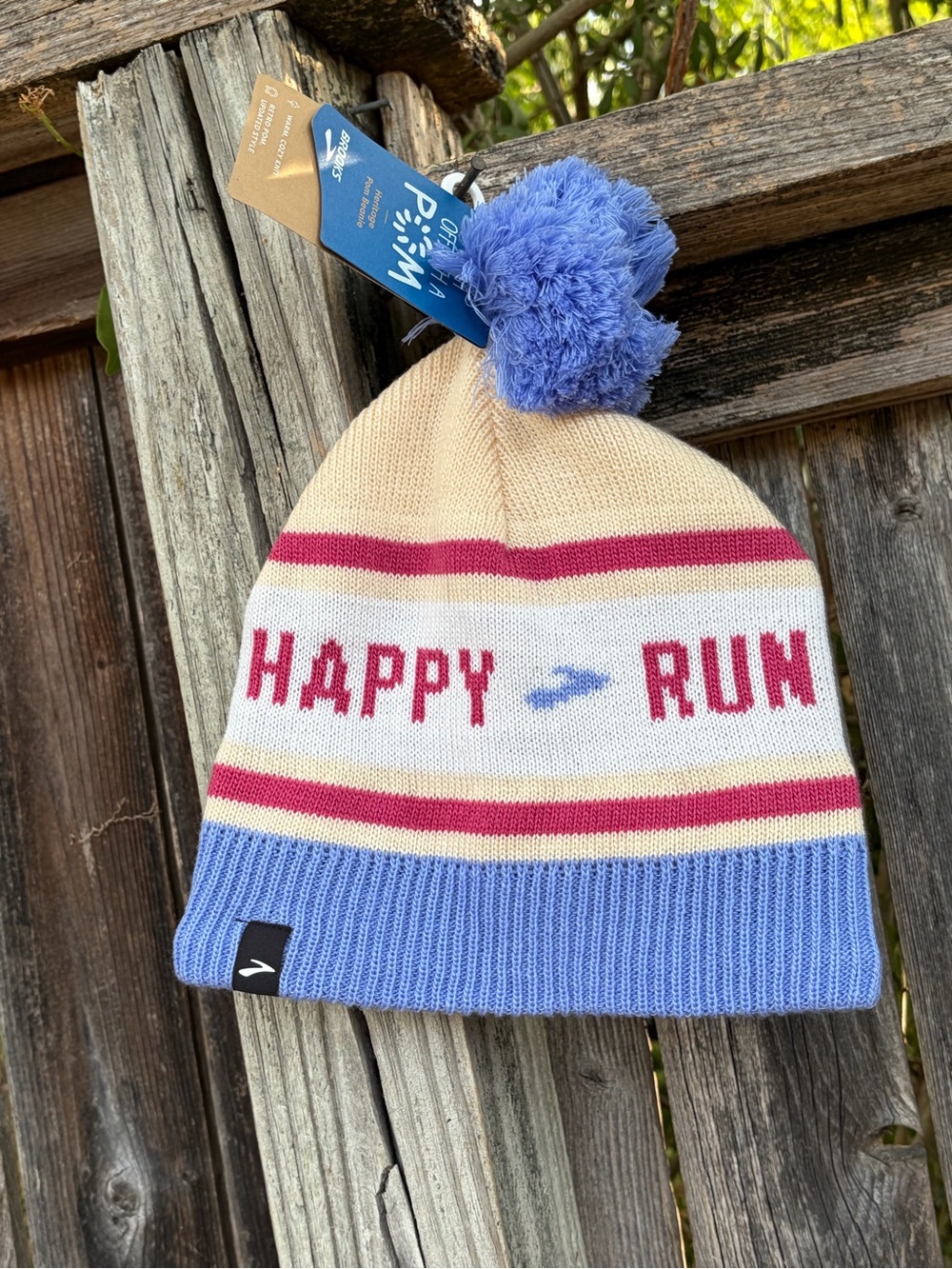 Brooks Kids Pom Beanie in Blue, Cream & Pink